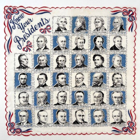 Vtg 50s Know Your Presidents Scallop Hem Novelty Print Hanky Scarf USA Patriot - Picture 1 of 3